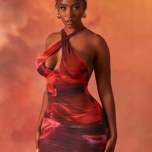 Oh Polly Red & Purple Twist Halter Mini Dress